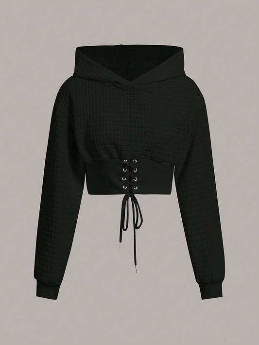 Kurzer Crop Hoodie mit gekreuzter Vorderseite und Bindeband, lässig, Kapuze