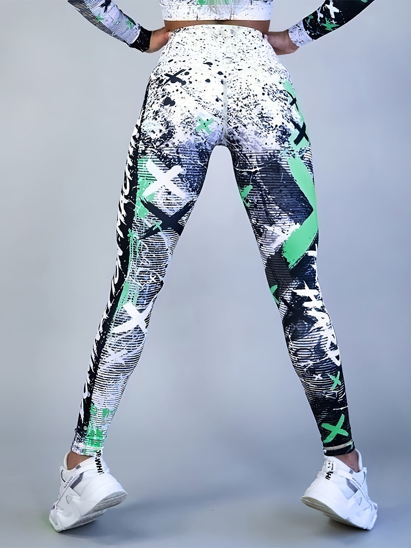 Yoga-Sport-Leggings mit hoher Taille, Farbblock-Graffiti-Design, Po-Lifting