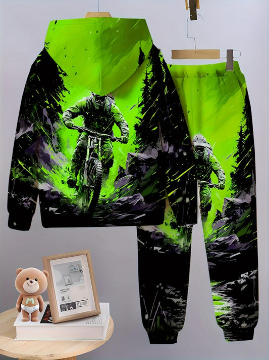 Lässiges Set aus Kapuzenpullover und Hose für Jungen, 3D-Digitaldruck, dehnbar und bequem, ideal für den Alltag und für draußen.