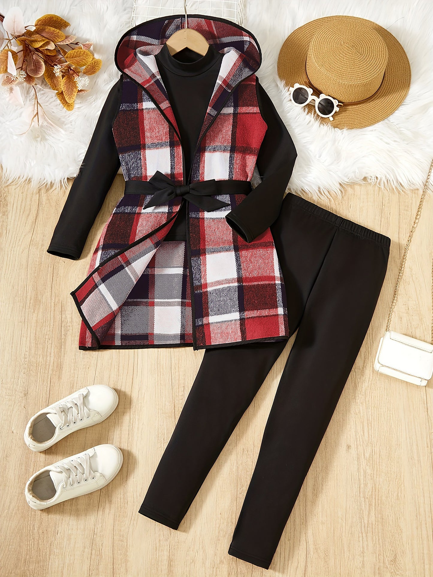 3-teiliges Mädchen-Set, elegante karierte Kapuzenweste + Langarmpullover + Hose