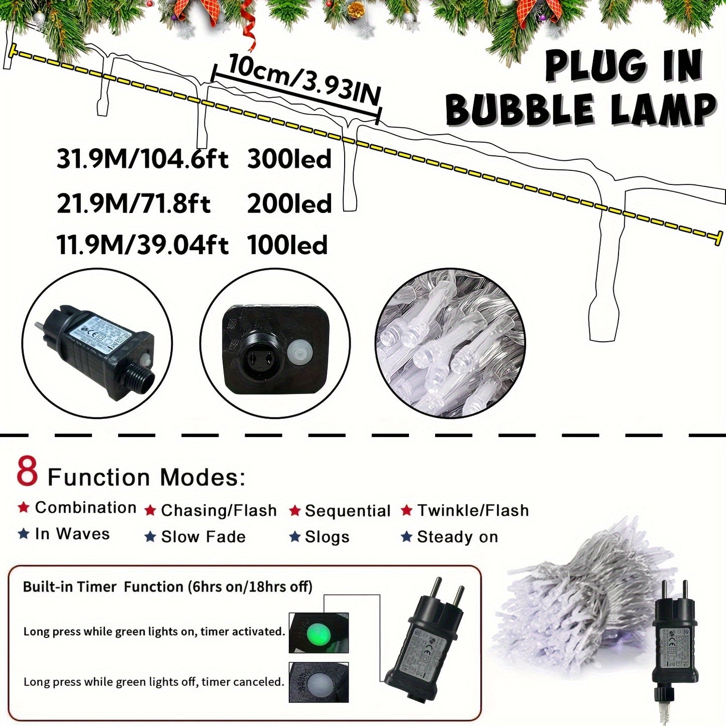 Bezaubernde LED-Lichterkette im Feenstil für Weihnachten – 300/200/100 LEDs, 8 Modi