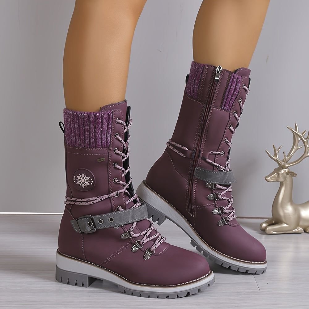 Modische Thermo-Stiefel für Damen, gestrickte Stiefel mit seitlichem Reißverschluss