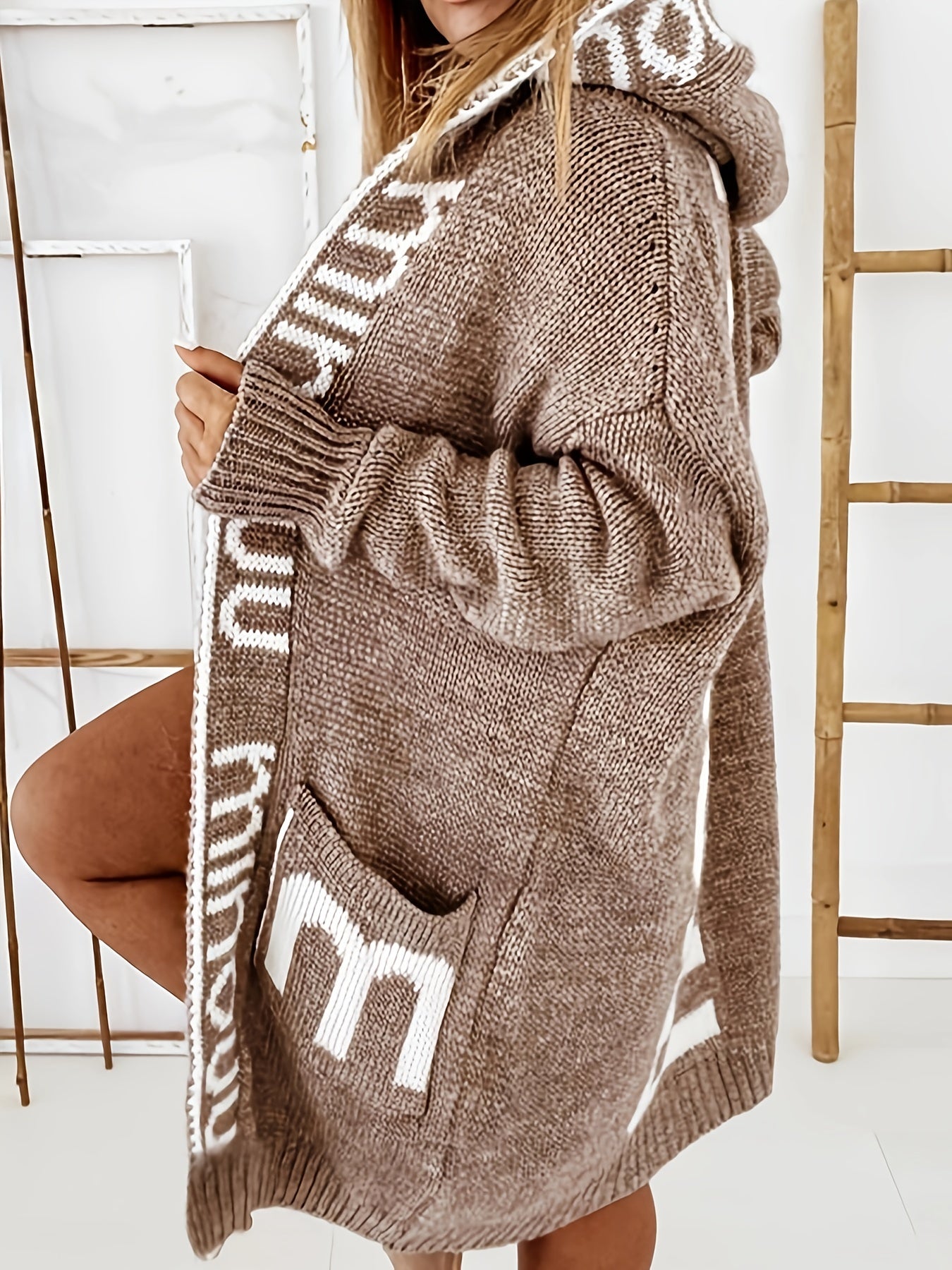Strickjacke mit Wasserfallkragen, Langarmpullover mit Kapuze und Taschen
