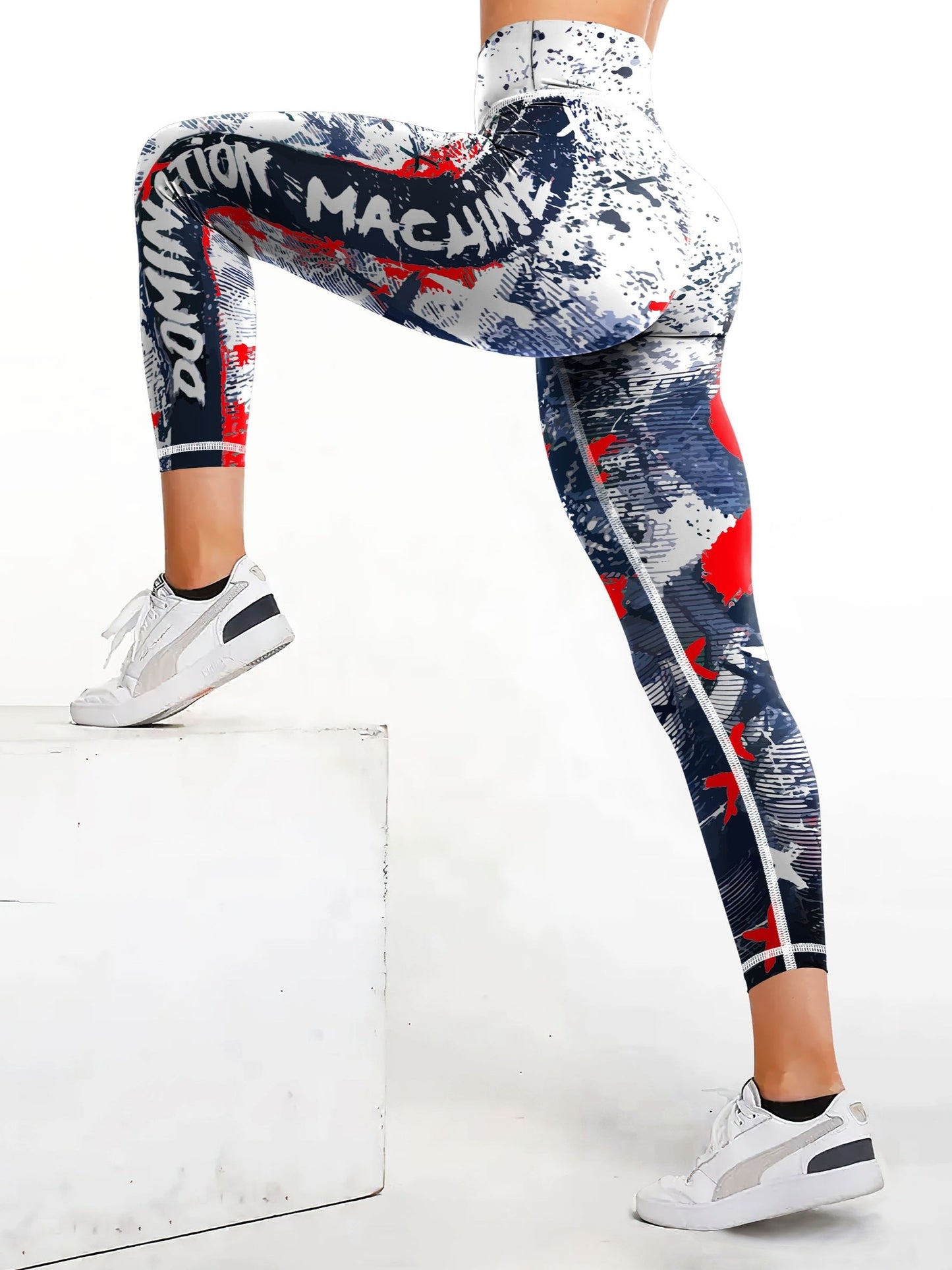 Yoga-Sport-Leggings mit hoher Taille, Farbblock-Graffiti-Design, Po-Lifting