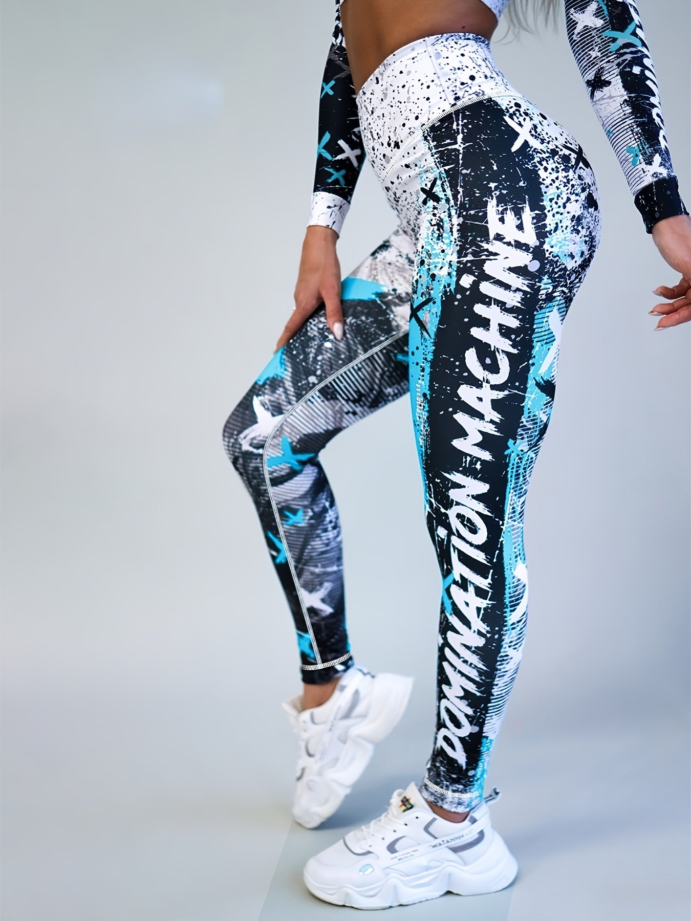 Yoga-Sport-Leggings mit hoher Taille, Farbblock-Graffiti-Design, Po-Lifting
