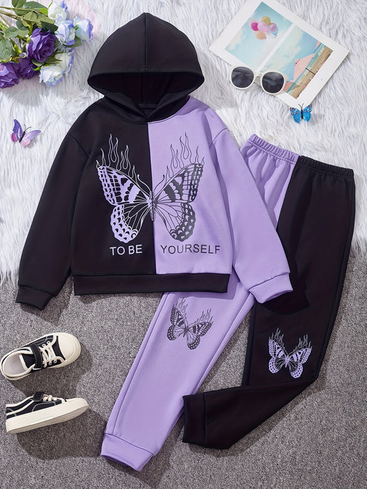 2-teiliges Outfit mit Schmetterlingsmuster Mädchen, Kapuzenpullover und Jogginghose