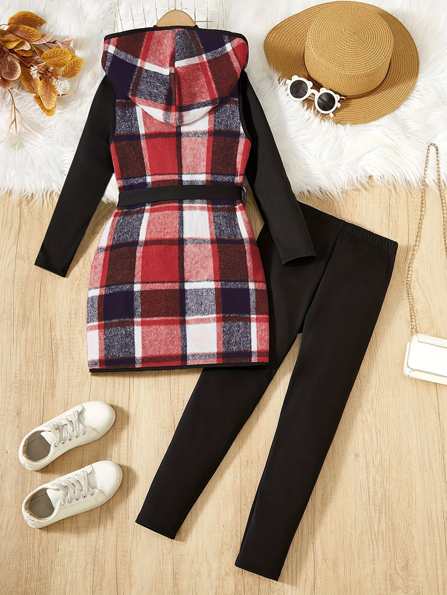3-teiliges Mädchen-Set, elegante karierte Kapuzenweste + Langarmpullover + Hose