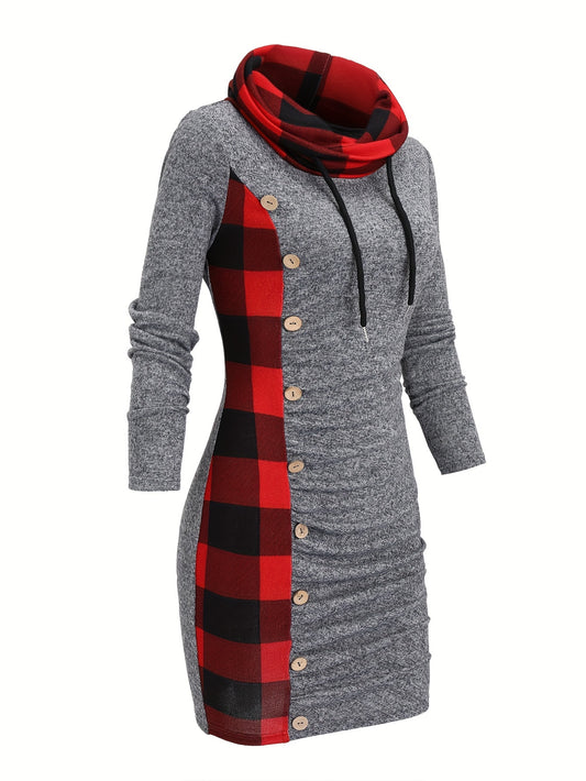 Langärmliges Kleid mit Karomuster, lässiges Kleid mit Knopfleiste