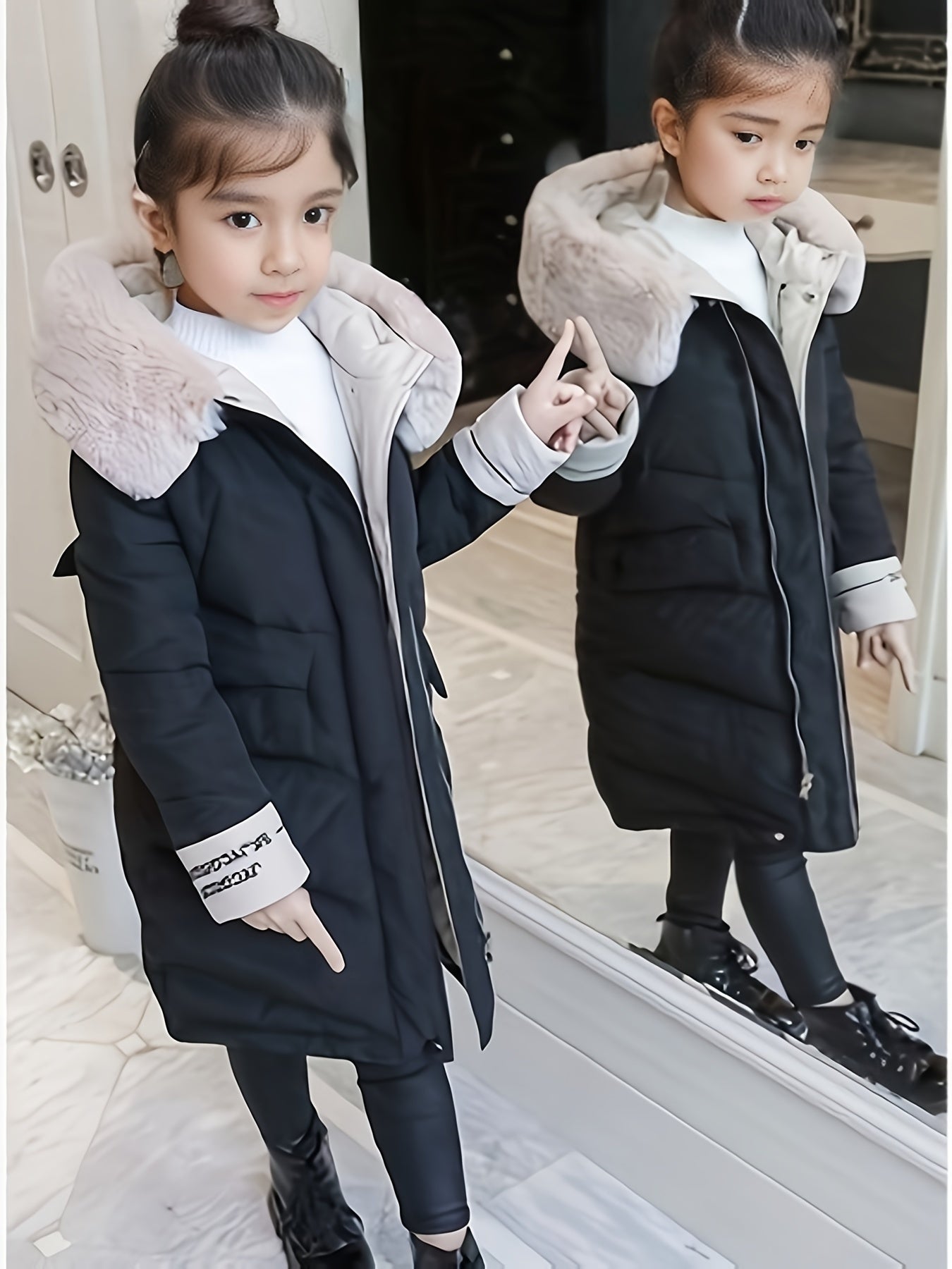 Trendy Mädchenjacke mit pelzigem Kapuzenkragen und langer Polyesterwattierung