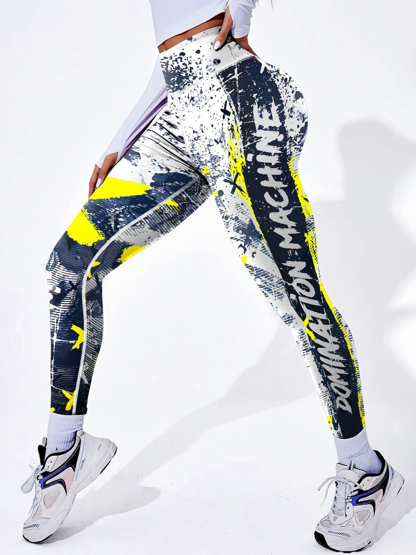Yoga-Sport-Leggings mit hoher Taille, Farbblock-Graffiti-Design, Po-Lifting