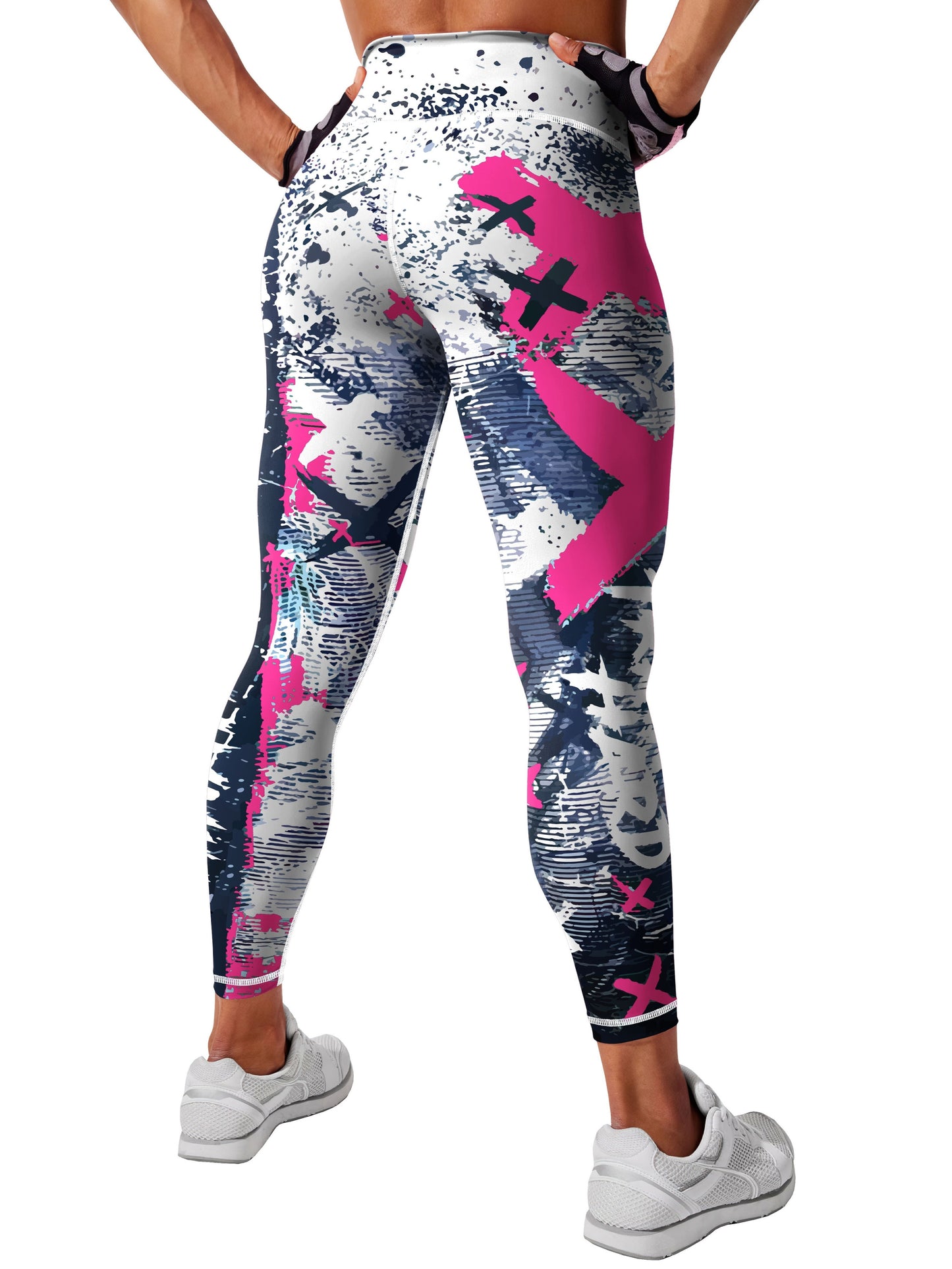 Yoga-Sport-Leggings mit hoher Taille, Farbblock-Graffiti-Design, Po-Lifting