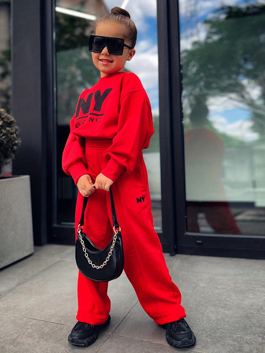Einfarbige Outfits für Mädchen, 2-teilig, Pullover  + Hose mit weitem Bein
