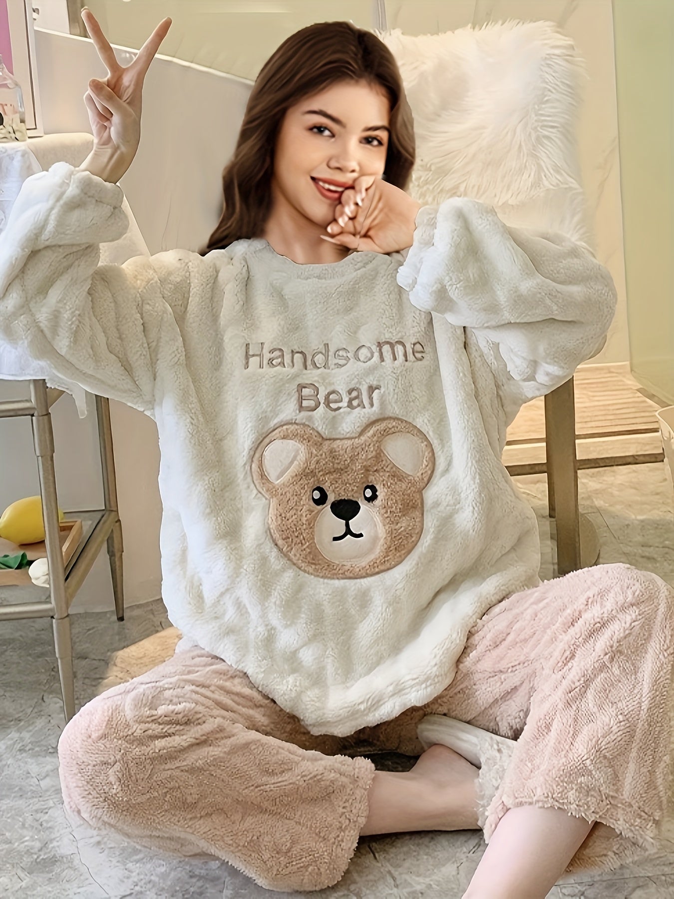 Gemütliches und süßes Fleece-Pyjama-Set mit Bärenmotiv für Teenager Mädchen