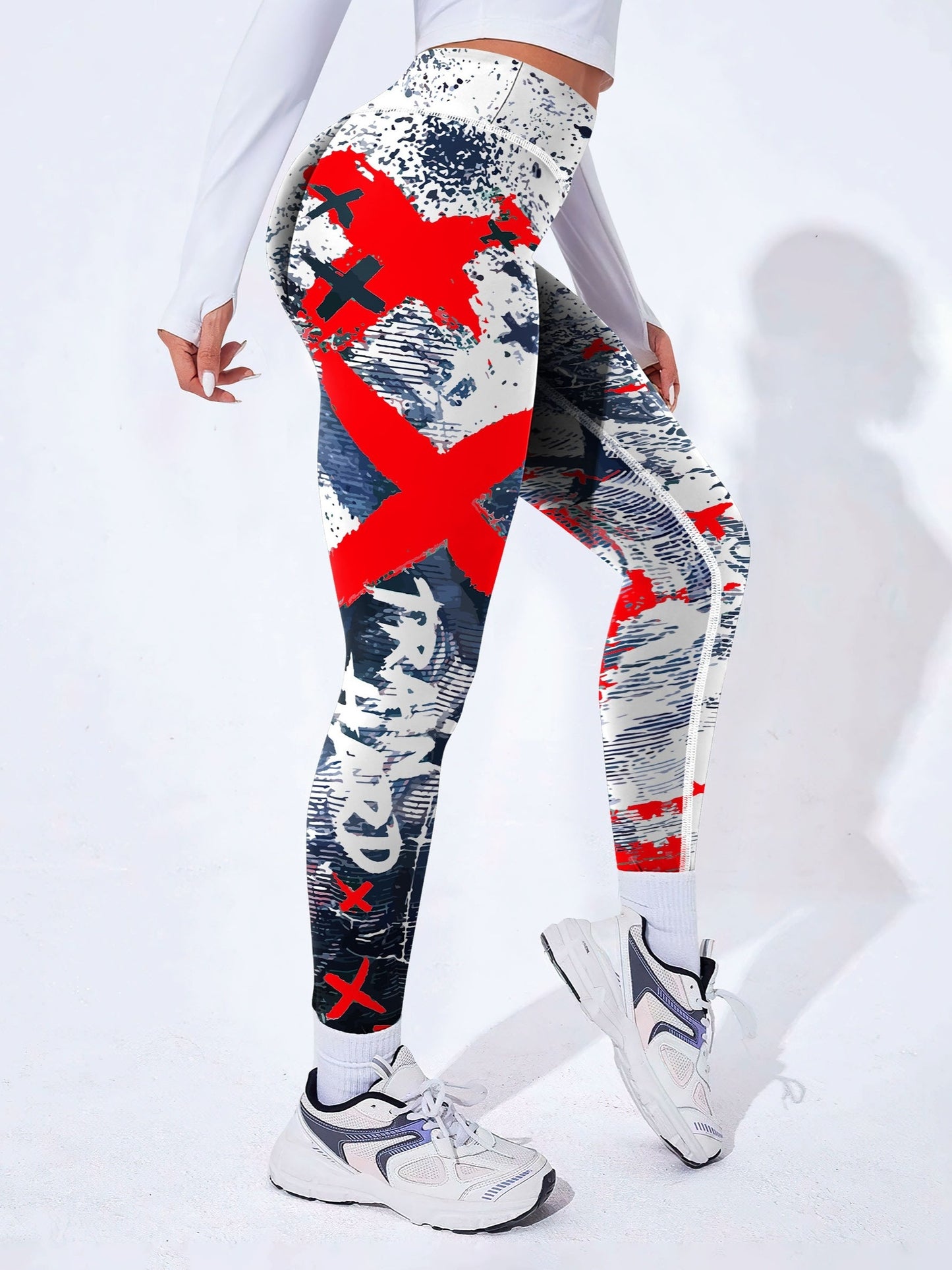 Yoga-Sport-Leggings mit hoher Taille, Farbblock-Graffiti-Design, Po-Lifting