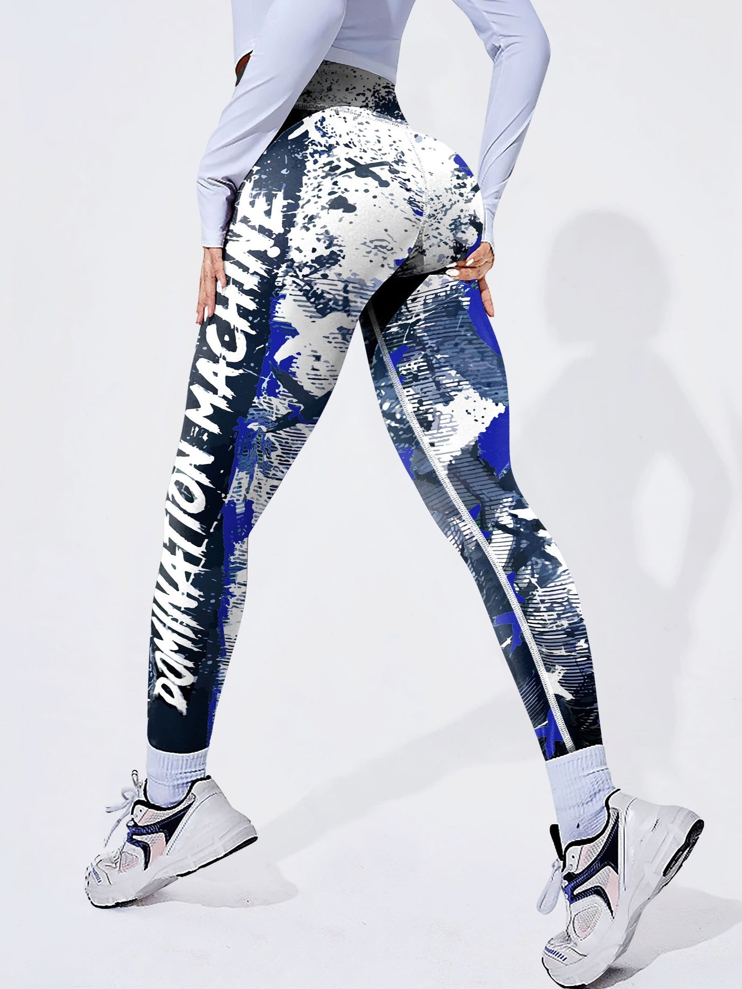Yoga-Sport-Leggings mit hoher Taille, Farbblock-Graffiti-Design, Po-Lifting