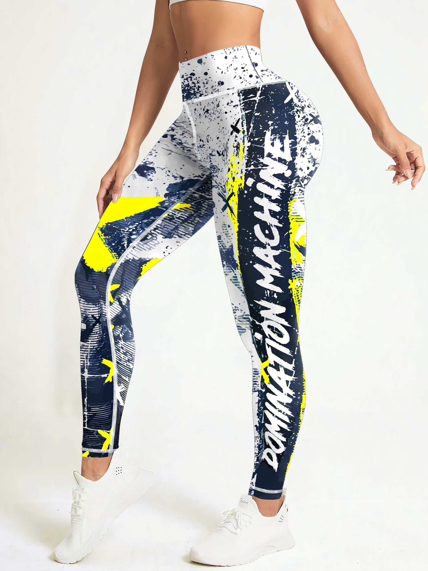 Yoga-Sport-Leggings mit hoher Taille, Farbblock-Graffiti-Design, Po-Lifting