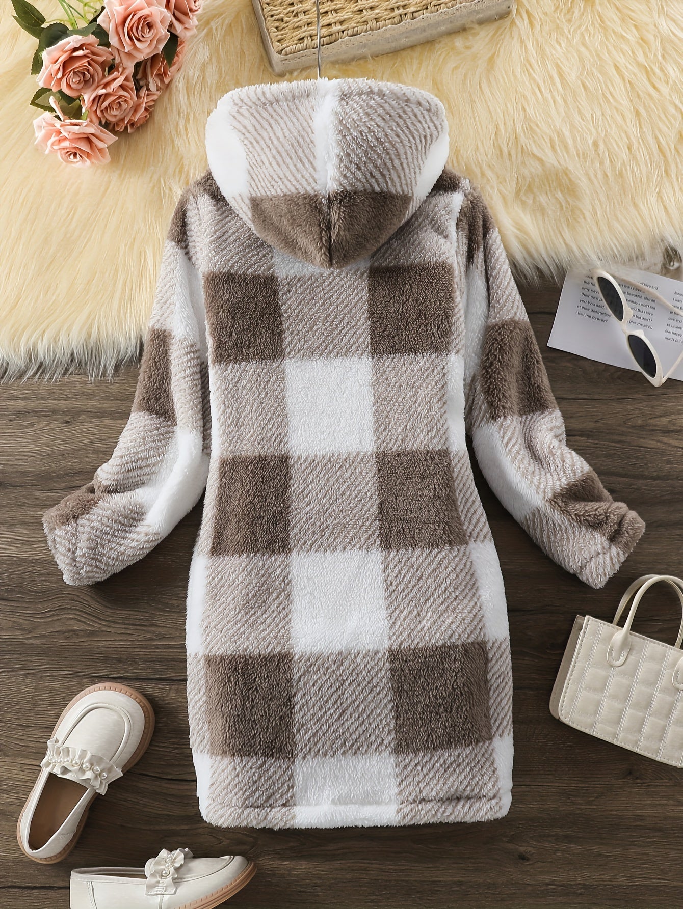 Kariertes Langarmkleid mit Kapuze für Mädchen, bequemes Kleid für Herbst und Winter