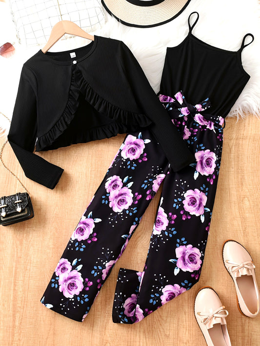 Elegantes 2-teiliges Set für Mädchen, Strickjacke mit Rüschen und Jumpsuit