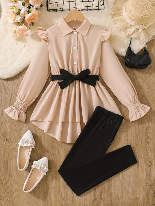 2-tlg. Mädchen-Set Langarm-Schößchen-Bluse-Top + einfarbige Hose