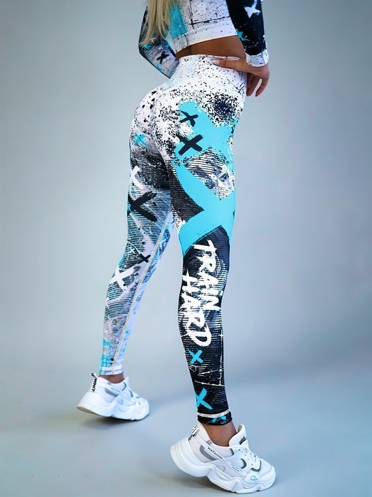 Yoga-Sport-Leggings mit hoher Taille, Farbblock-Graffiti-Design, Po-Lifting