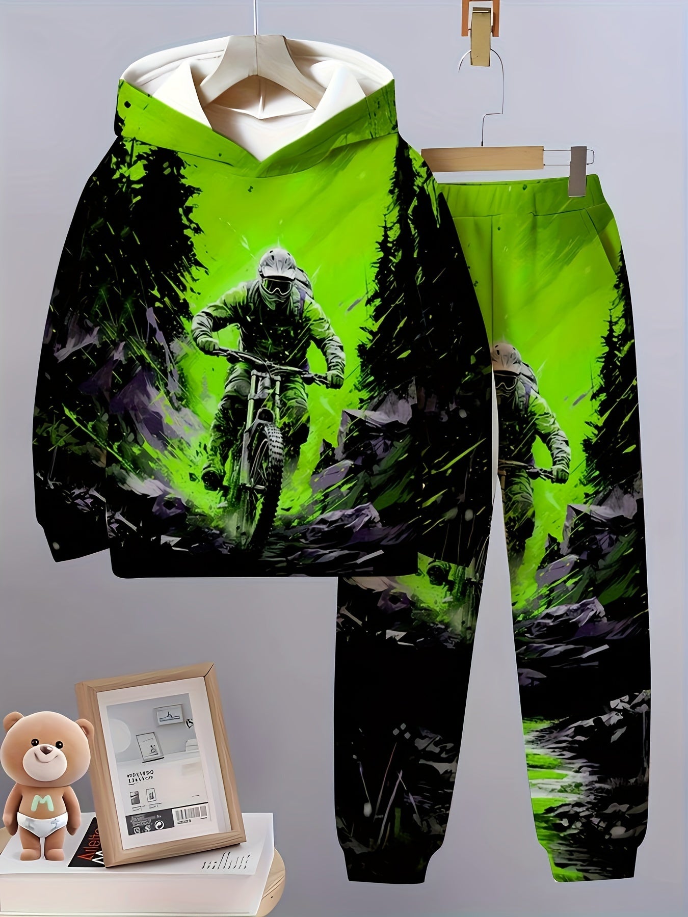 Lässiges Set aus Kapuzenpullover und Hose für Jungen, 3D-Digitaldruck, dehnbar und bequem, ideal für den Alltag und für draußen.