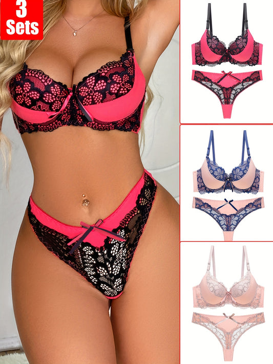 3er-Set, sexy Dessous-Set, Farbblock-Spitzen-Camisole-BH und Höschen