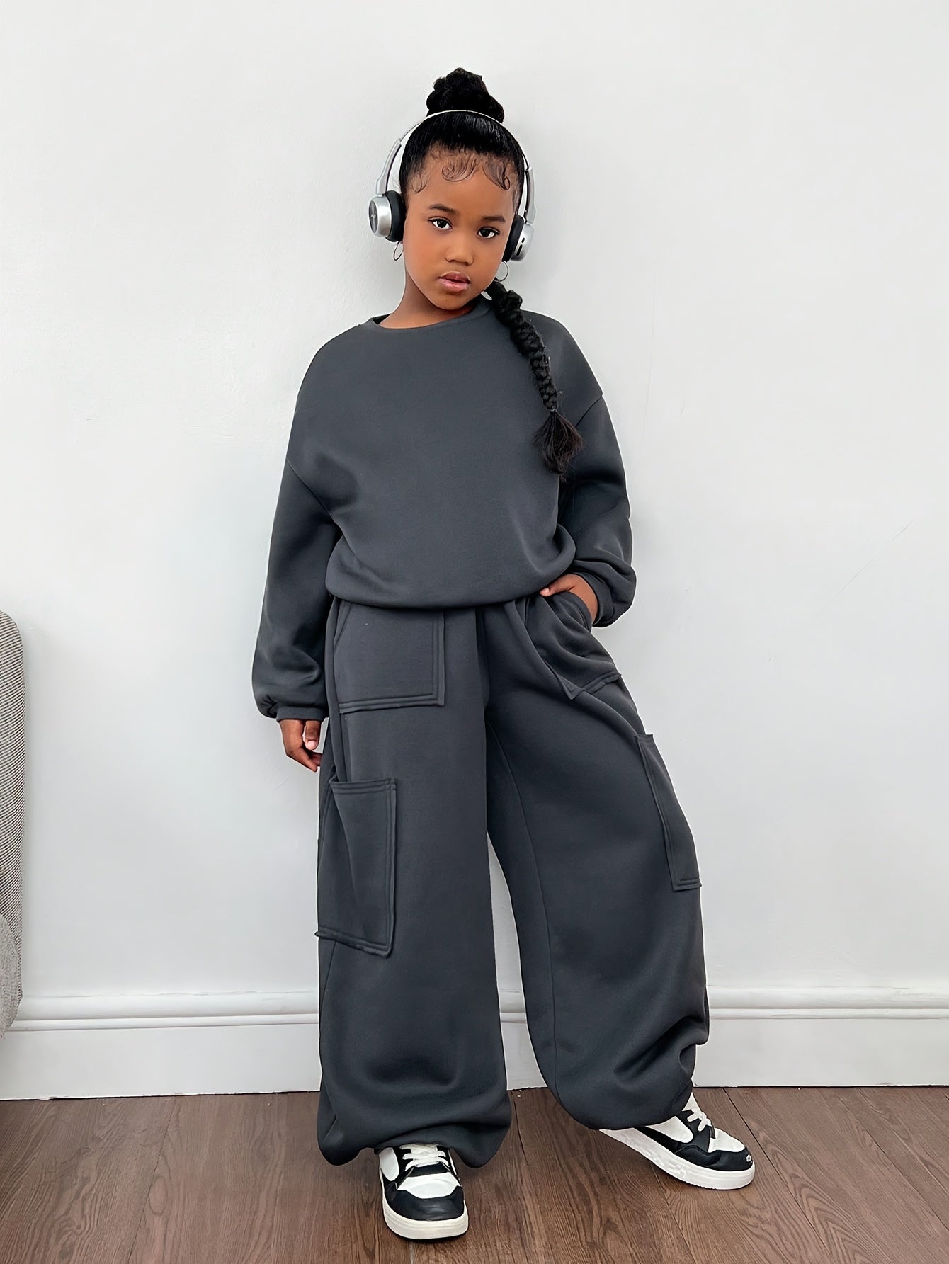 Street Style Girl's 2-tlg., bequemes Langarm-Sweatshirt + Cargohose Hip Hop