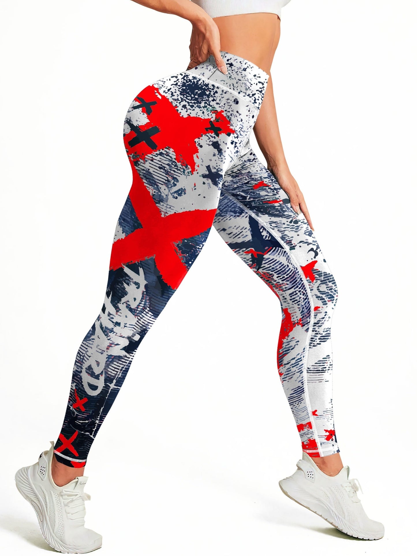 Yoga-Sport-Leggings mit hoher Taille, Farbblock-Graffiti-Design, Po-Lifting