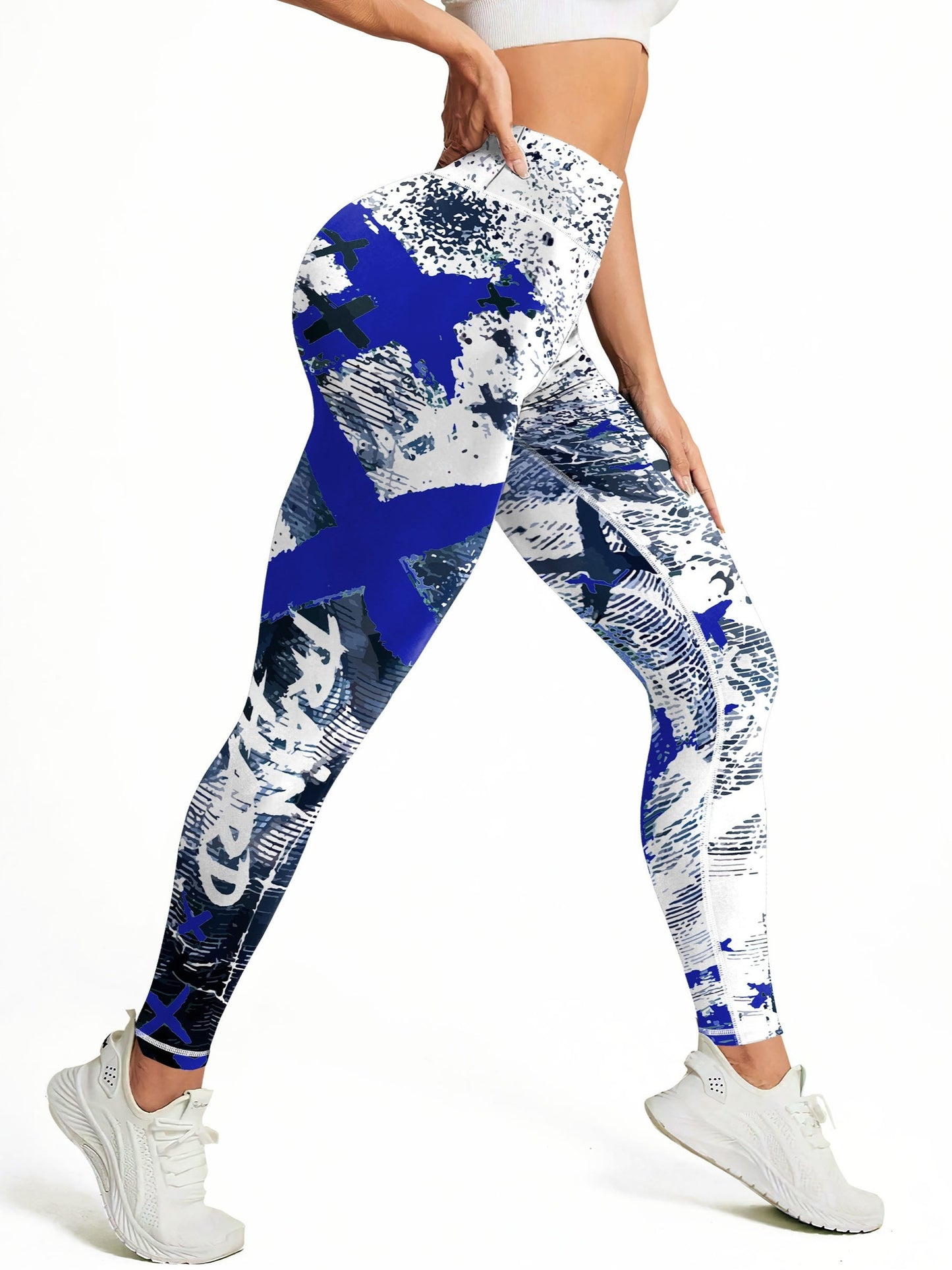 Yoga-Sport-Leggings mit hoher Taille, Farbblock-Graffiti-Design, Po-Lifting