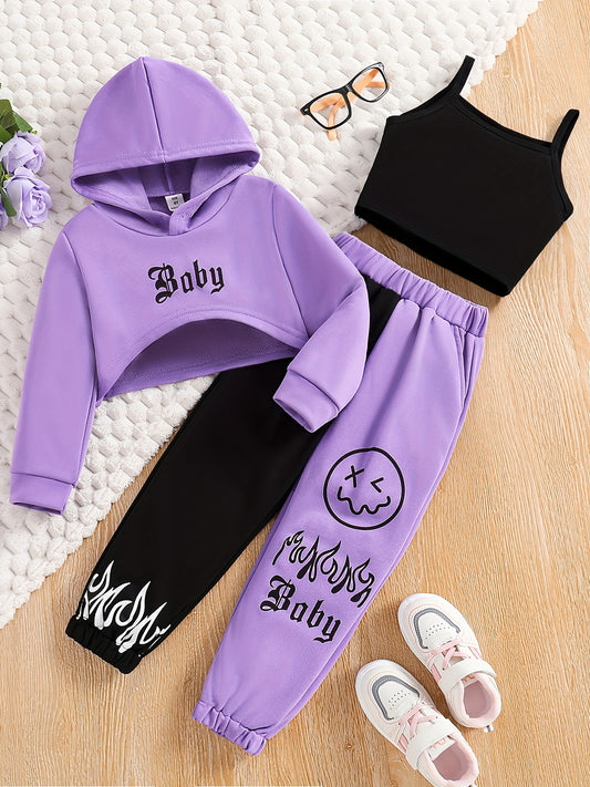 Trendy Outfits 3-teilig für Mädchen, Kapuzenpullover + Tanktop + Jogginghose