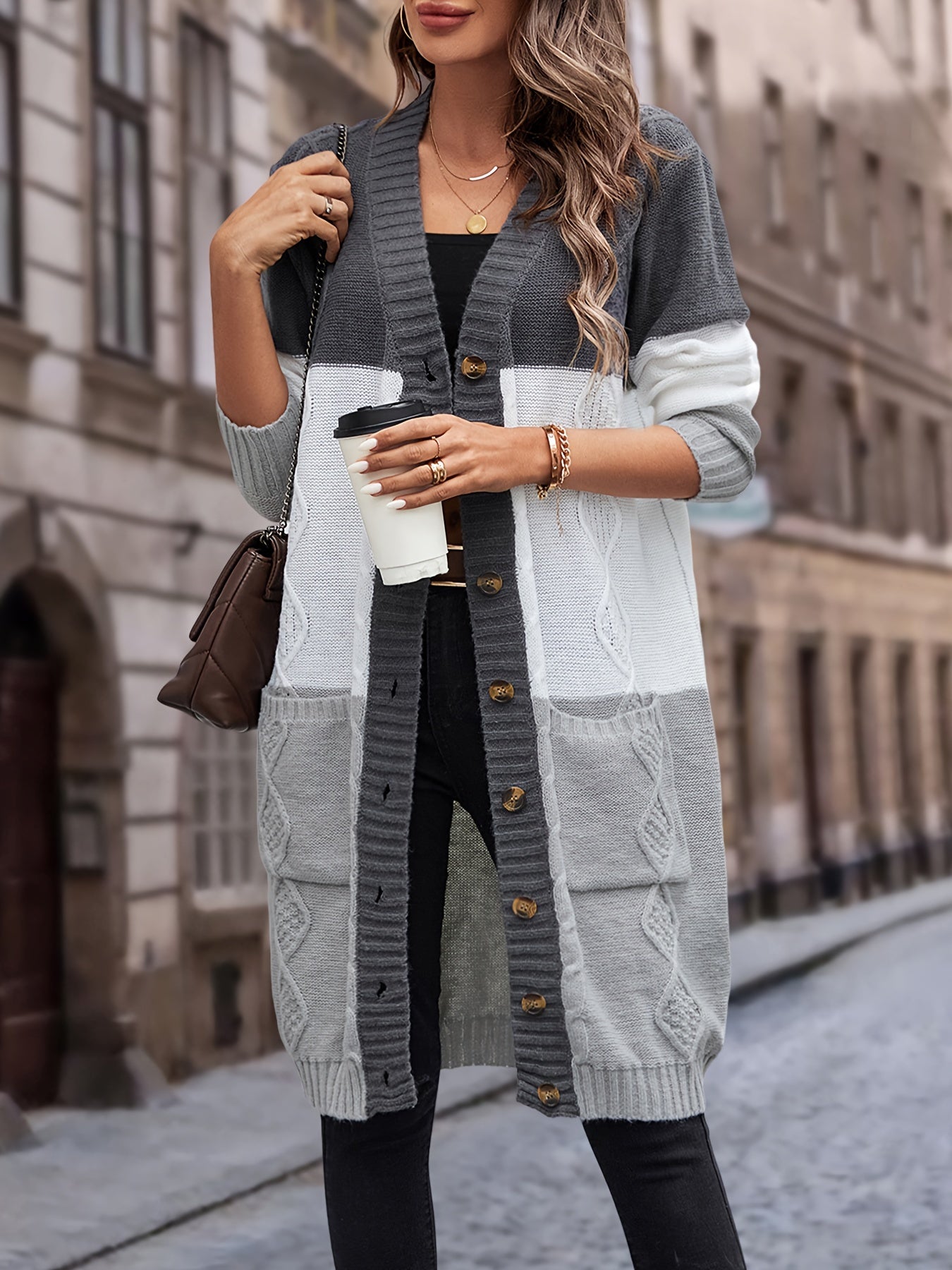 Strickjacke mit Knopfleiste, lässiger Langarm-Longline-Pullover mit Tasche