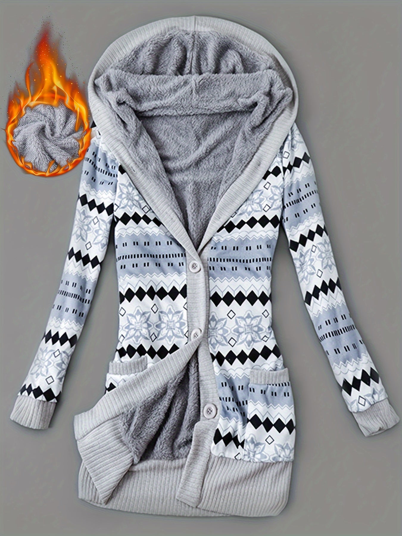 Kapuzenpullover mit Knopfleiste vorne und Geo-Print, lässiger, langärmeliger Cardigan