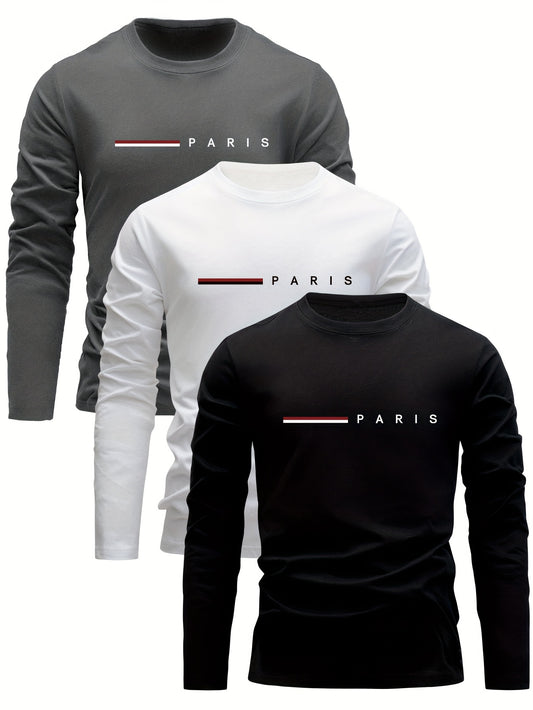 3-teiliges Langarm-Shirt Set aus Baumwolle für Herren – lässiger Rundhalsausschnitt