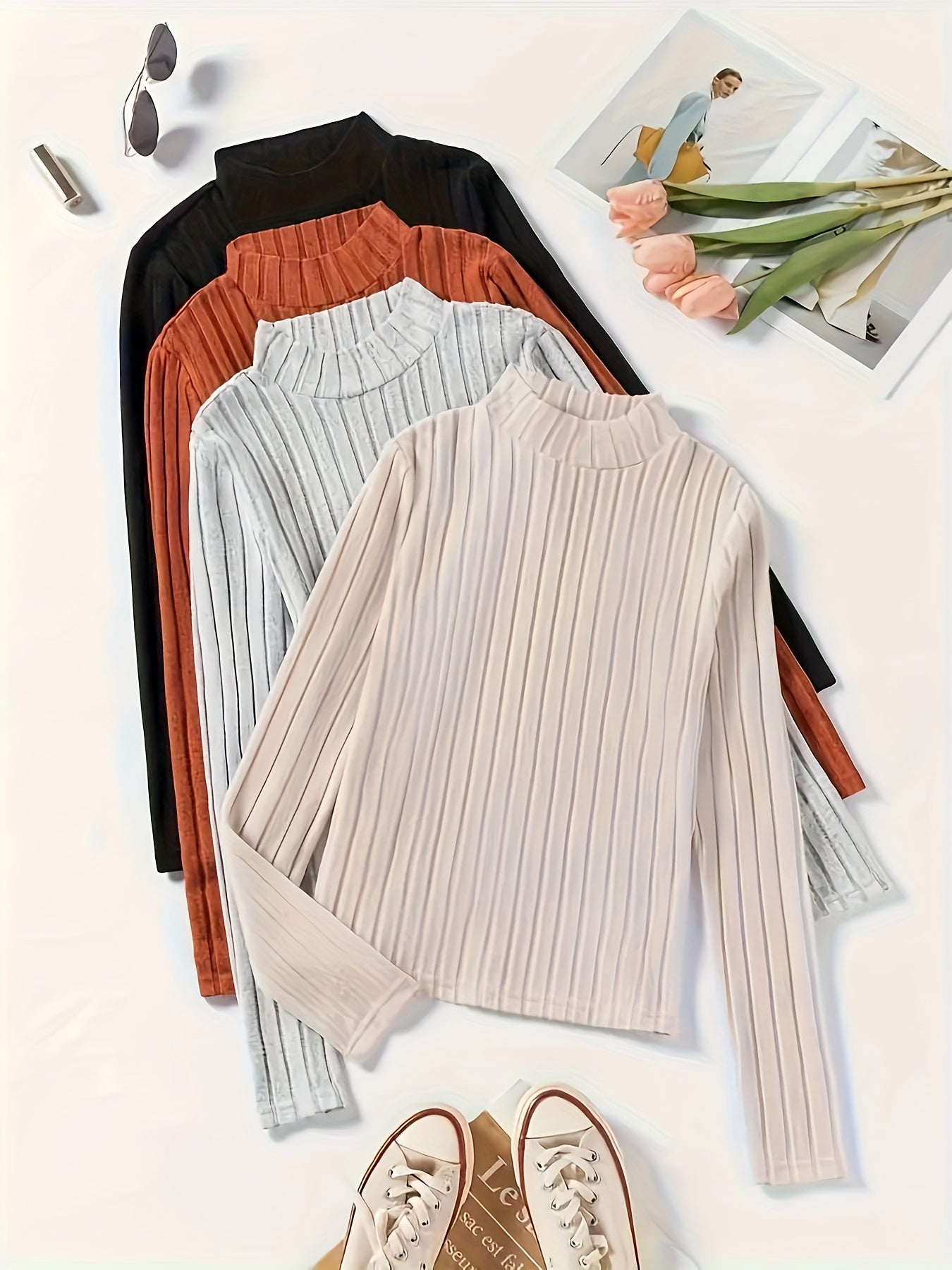 4-teiliges Langarm-Shirt mit Rollkragen Set