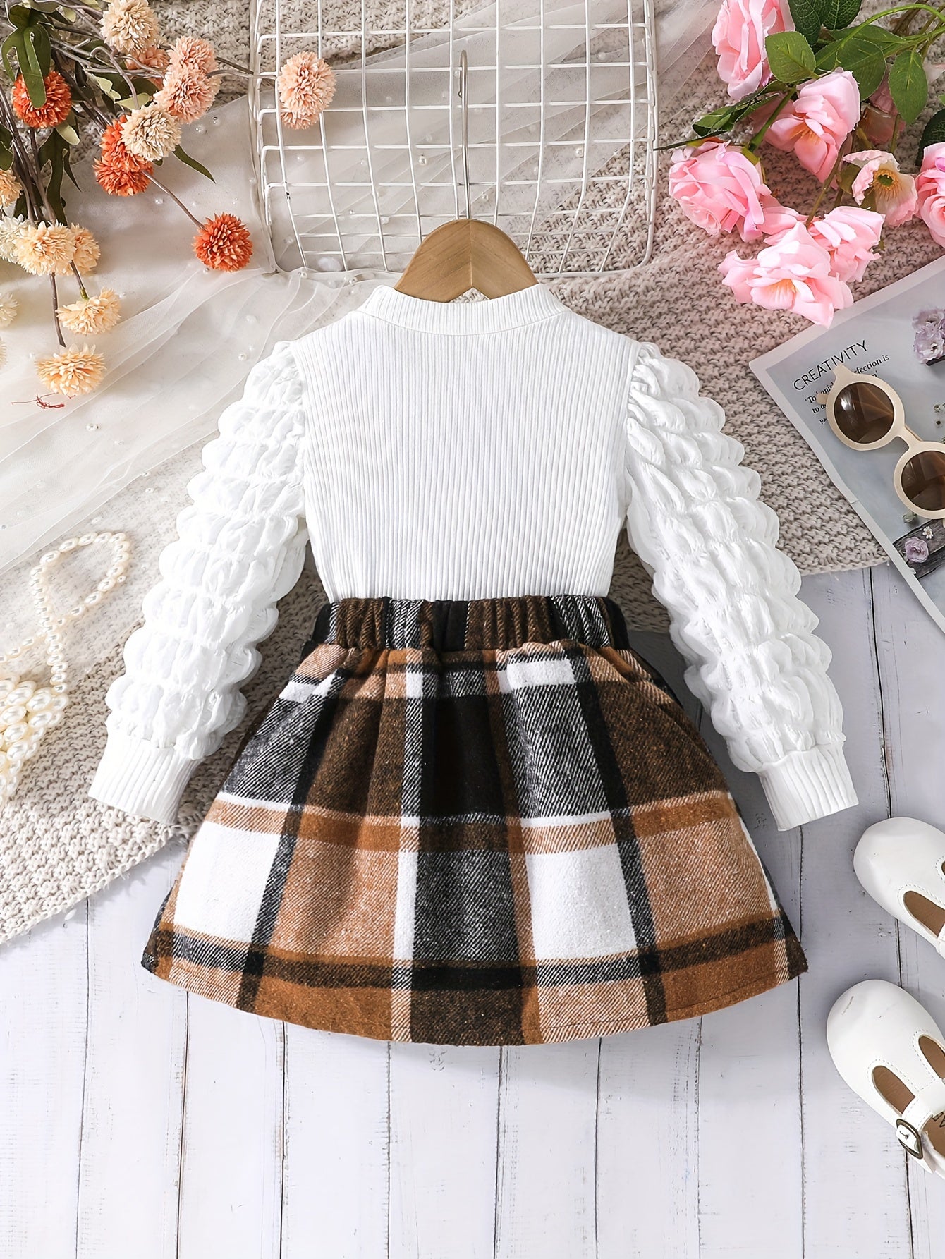 2-teiliges Set mit Puffärmeln, Oberteil und kariertem Rock – Winter-/Herbst Mädchen