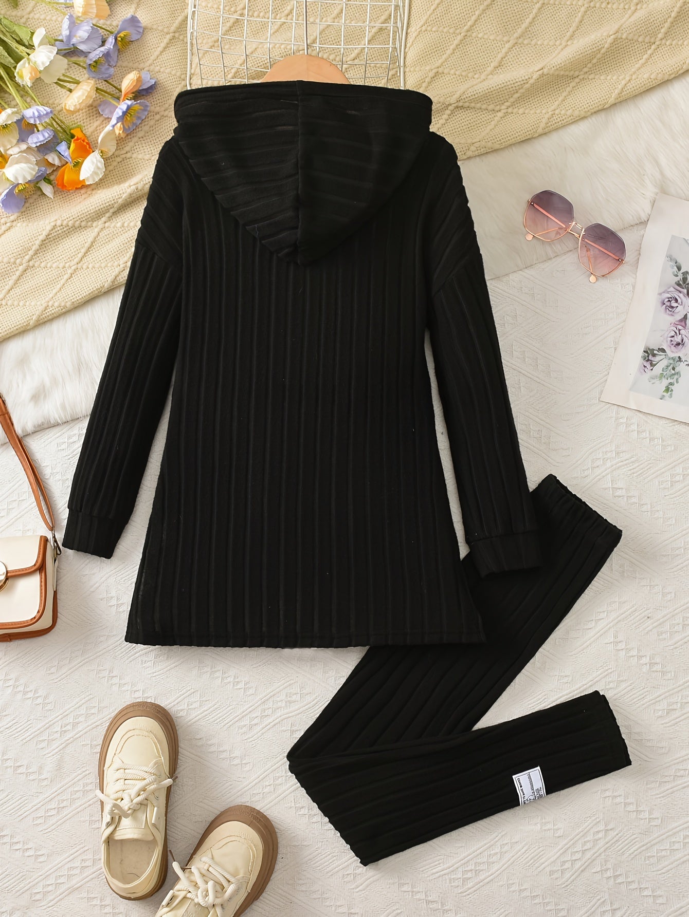 2-teiliges Set für Mädchen, Langarm-Kapuzenpullover und dehnbare Hose