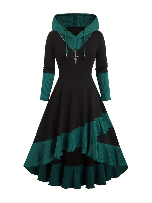 Kleid mit Kapuze und Kordelzug Herbst / Winter, A-Linien-Kleid mit Reißverschluss